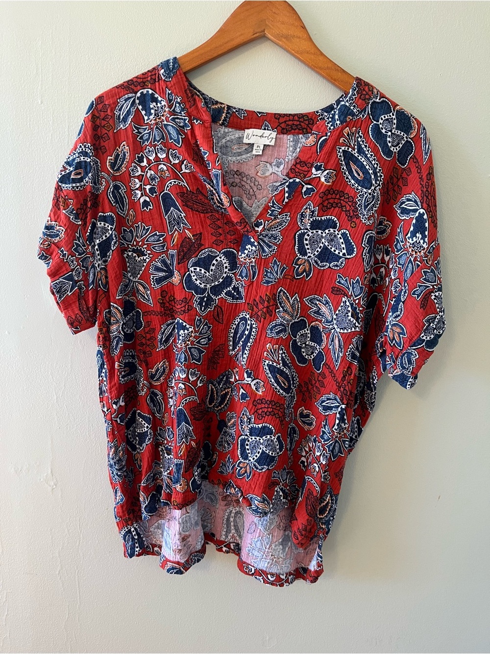 Wonderly Red Paisley Floral V-Neck Blouse with Navy Accents 100%Cotton